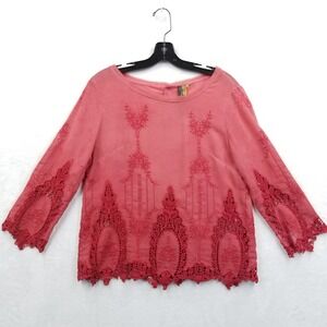 Aratta Silent Journey Blouse Women M Red Embroidered Lace Boho Back Button‎ Top
